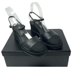 Chanel Lambskin Grosgrain CC Cap Toe Wedge Espadrilles Black Size 37